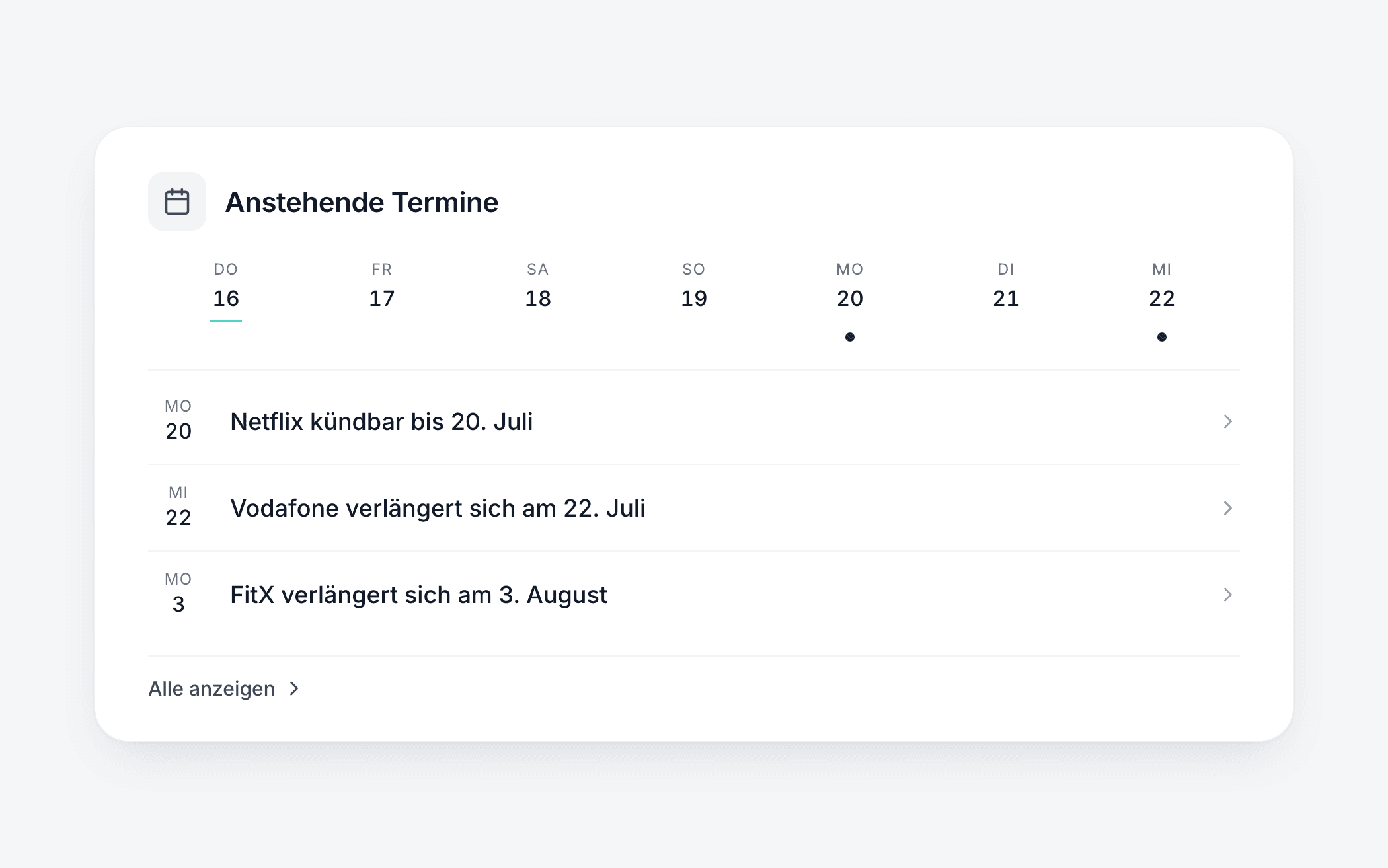 fynshare Anstehende Termine: Wochenübersicht mit anstehenden Kündigungs- und Verlängerungsterminen der Verträge