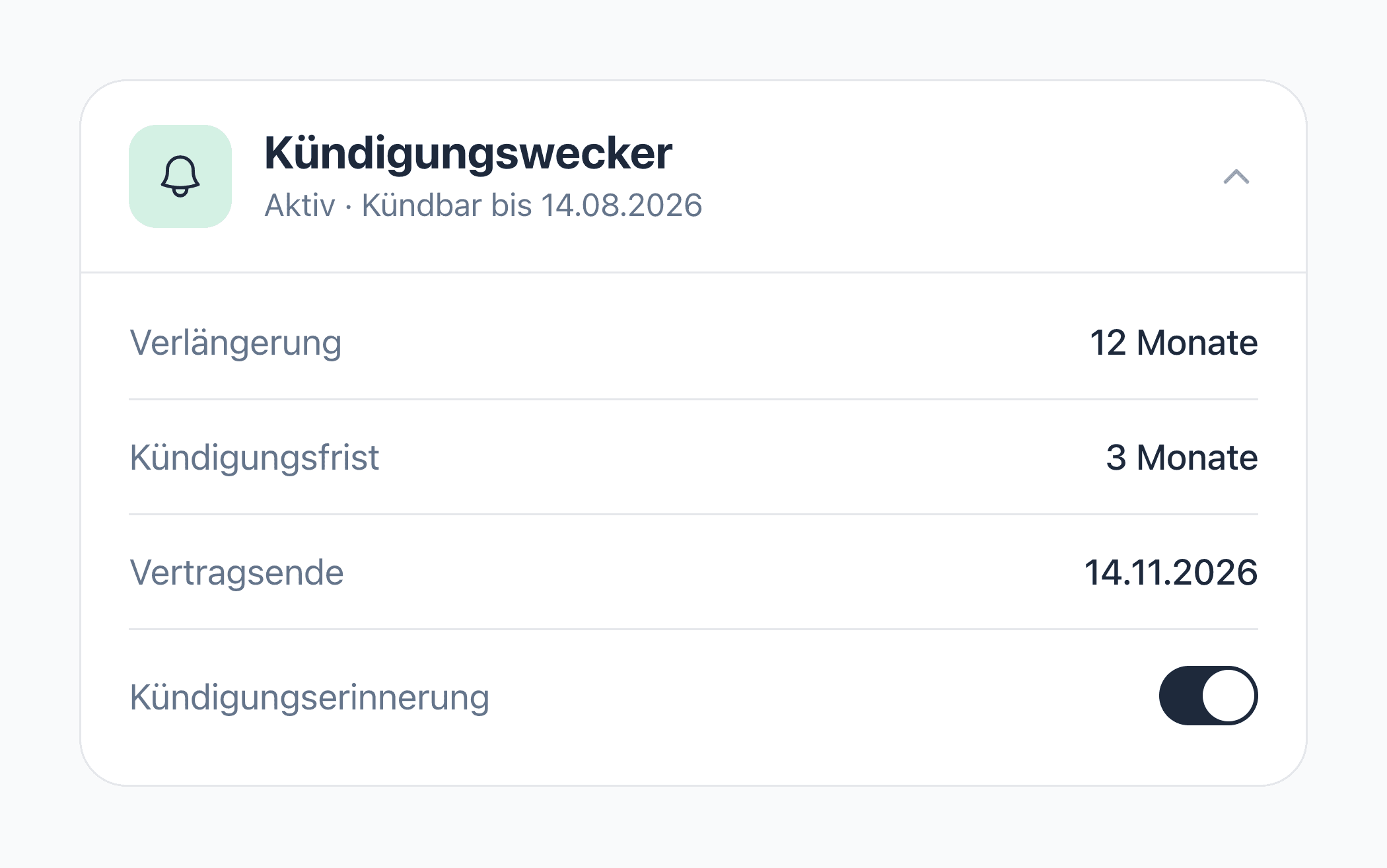 fynshare Kündigungswecker: zeigt anhand von Mindestlaufzeit und Frist, bis wann ein Vertrag kündbar ist