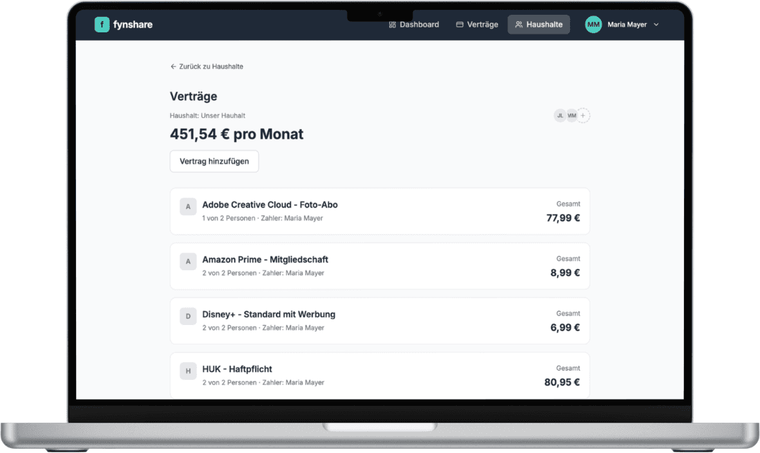 Screenshot der fynshare App: Übersicht aller gemeinsamen Verträge mit Zahlern, Anteilen und anstehenden Fristen