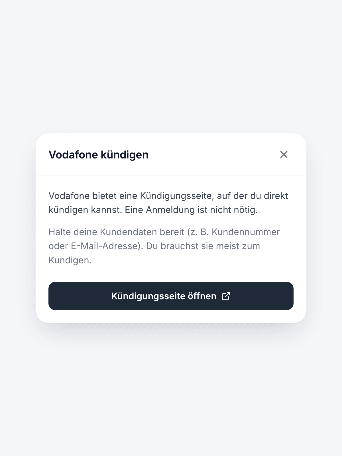 fynshare Online kündigen: Hinweis mit Direktlink zur Kündigungsseite des Anbieters, gekündigt wird beim Anbieter von dir selbst