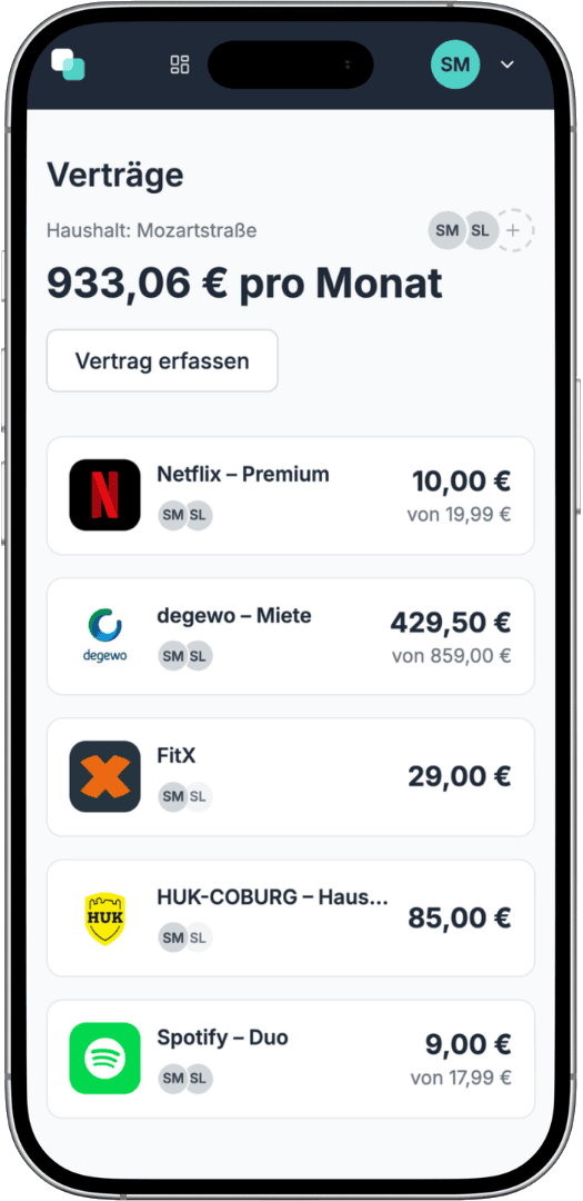 fynshare auf dem Smartphone: Vertragsübersicht des Haushalts mit Zahlern und monatlichen Beträgen