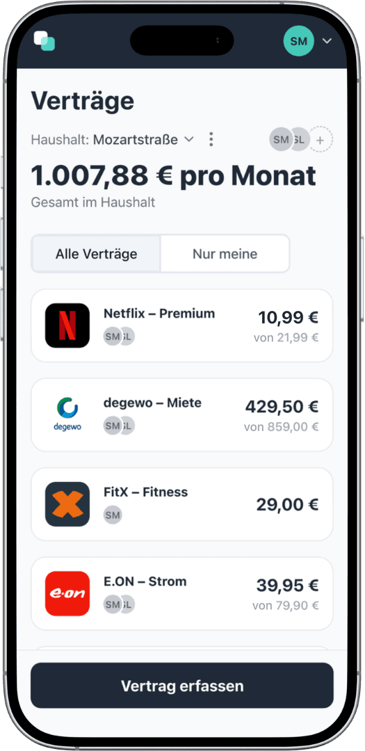 fynshare auf dem Smartphone: Vertragsübersicht des Haushalts mit Zahlern und monatlichen Beträgen