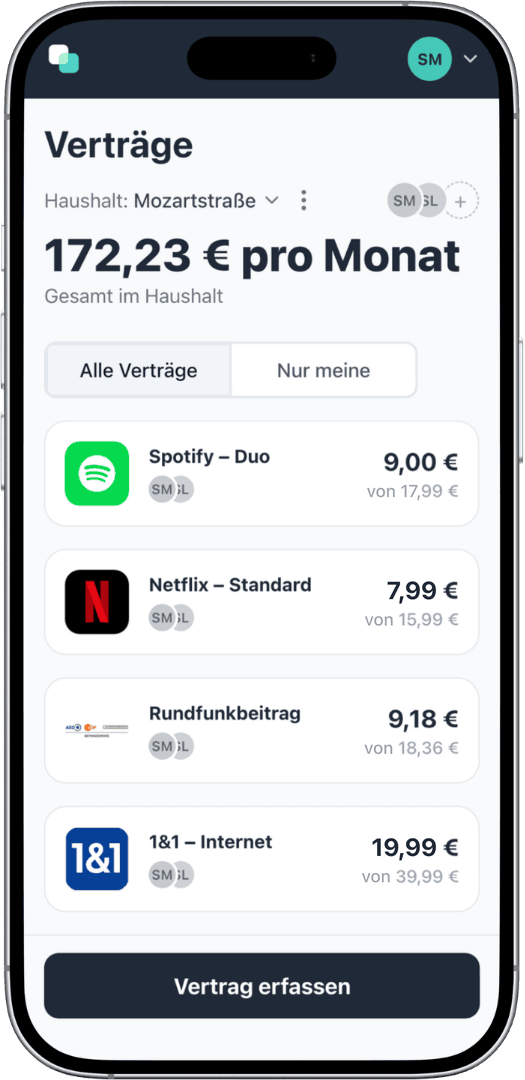 Screenshot der fynshare App: gemeinsame Vertragsübersicht eines Paares mit Spotify Duo, Netflix Standard, Rundfunkbeitrag und 1&1 Internet, je mit beiden Zahlern, Anteil pro Person und Gesamtkosten