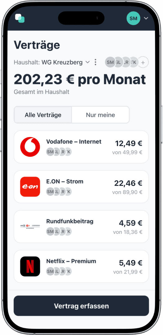 Screenshot der fynshare App: Vertragsübersicht der WG mit Vodafone Internet, E.ON Strom, Rundfunkbeitrag und Netflix Premium, je mit allen vier Zahlern, Anteil pro Person und Gesamtkosten