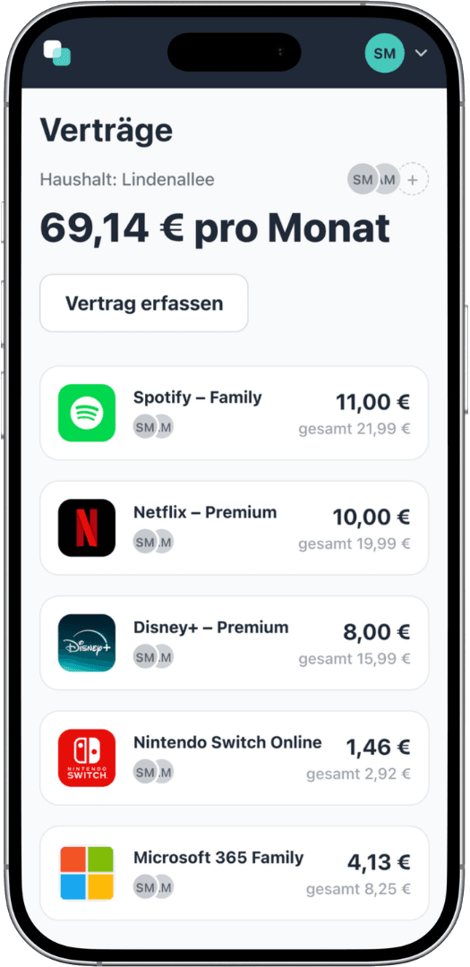 Screenshot der fynshare App: Familienübersicht des Haushalts Lindenallee mit Spotify Family, Netflix Premium, Disney+ Premium, Nintendo Switch Online und Microsoft 365 Family, je mit beiden Eltern, Anteil pro Person und Gesamtkosten