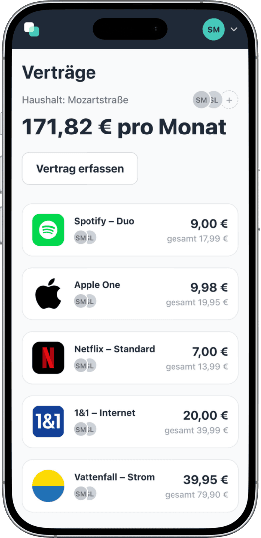 Screenshot der fynshare App: gemeinsame Vertragsübersicht eines Paares mit Spotify Duo, Apple One, Netflix, 1&1 Internet und Vattenfall Strom, je mit beiden Zahlern, Anteilen und Kosten pro Person