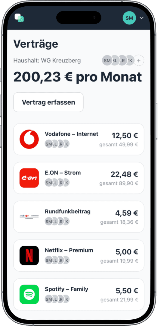 Screenshot der fynshare App: Vertragsübersicht der WG mit Vodafone Internet, E.ON Strom, Rundfunkbeitrag, Netflix und Spotify, je mit Zahler, Anteilen und Kosten pro Person