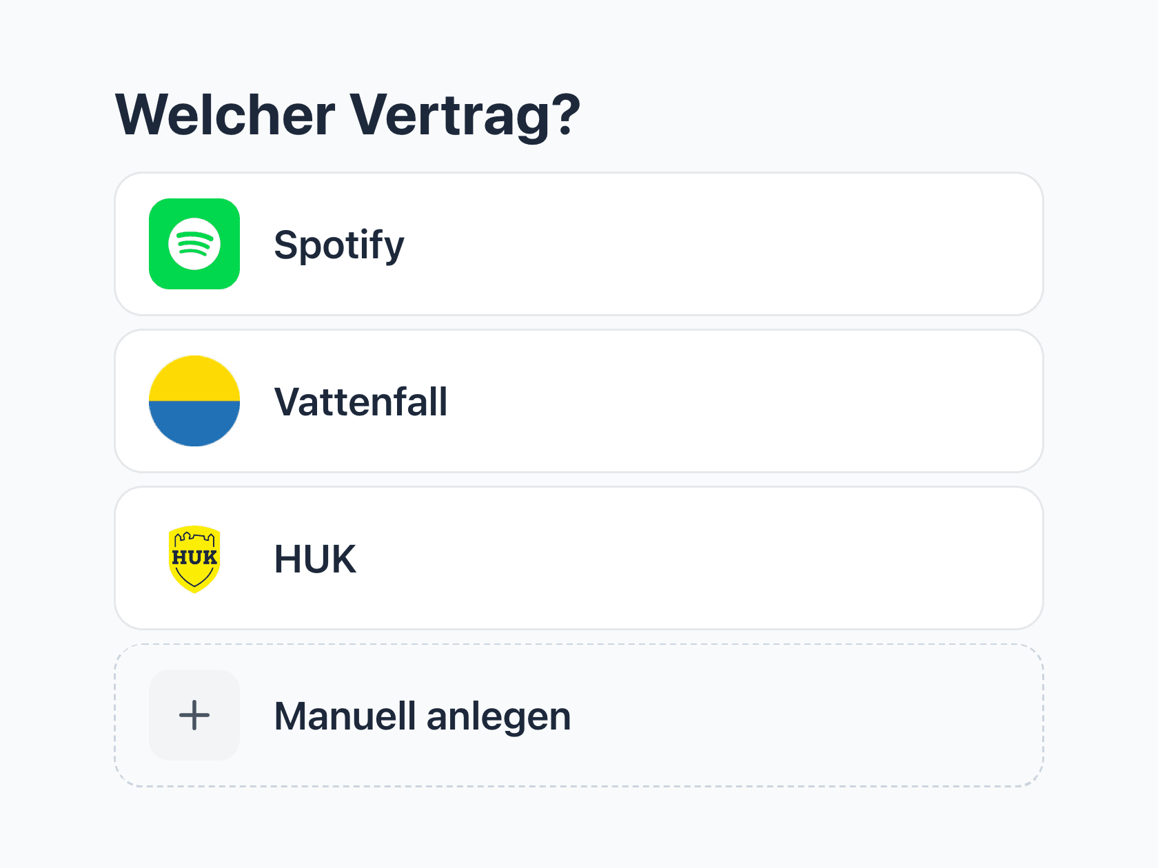 fynshare Anbieterauswahl: Spotify, Vattenfall oder HUK als gemeinsamen Vertrag in Sekunden anlegen