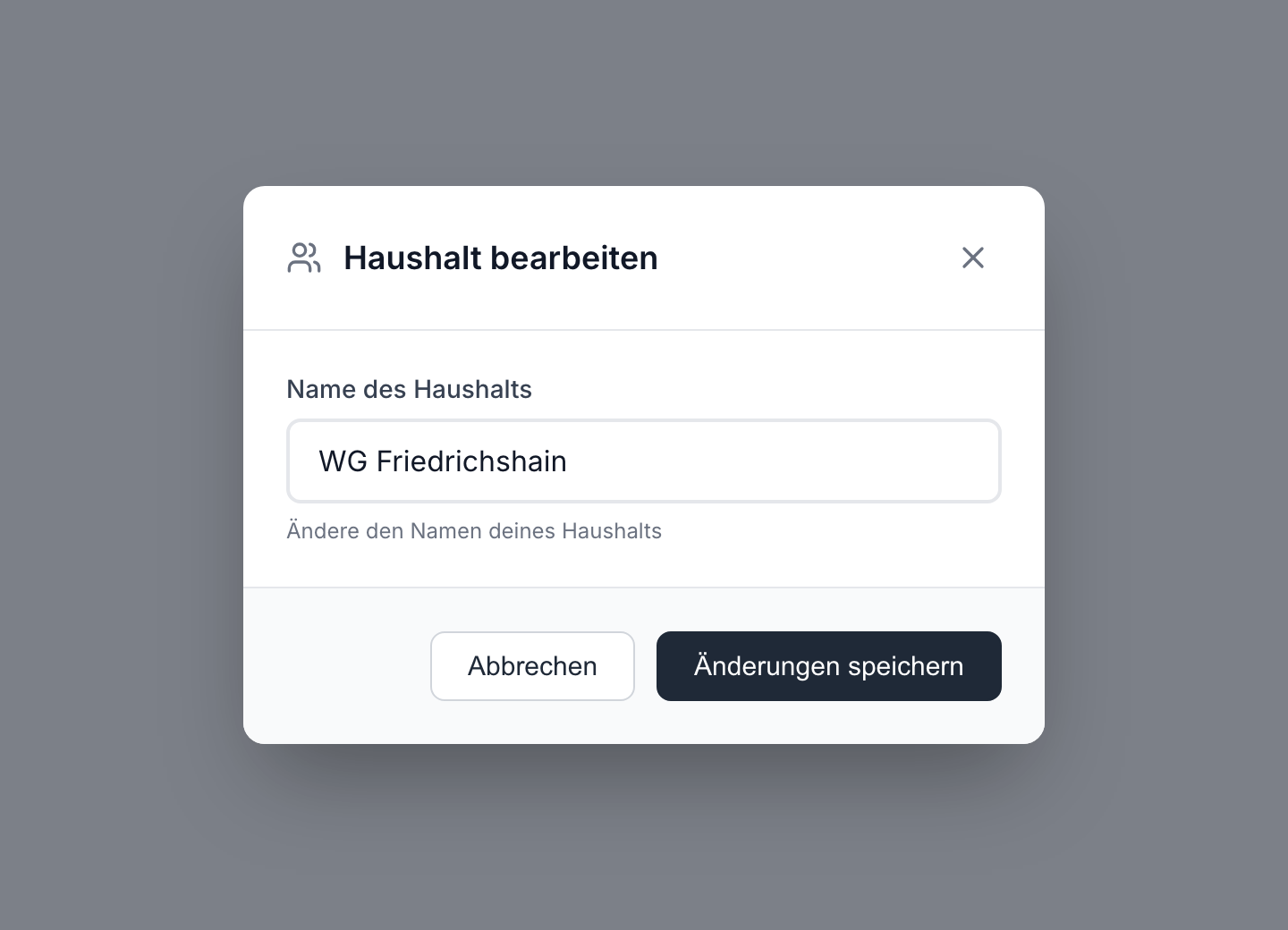 Dialog „Haushalt bearbeiten“ in fynshare mit dem Namensfeld, in das „WG Friedrichshain“ eingetragen ist