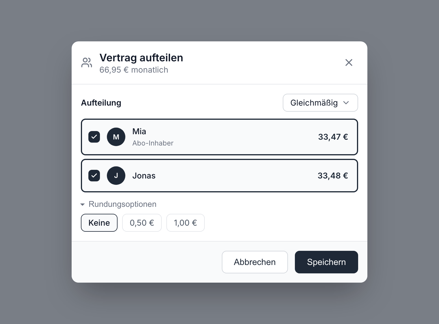 Dialog „Vertrag aufteilen“ in fynshare im Modus Gleichmäßig: Mia als Abo-Inhaber und Jonas teilen sich 66,95 € auf 33,47 € und 33,48 €