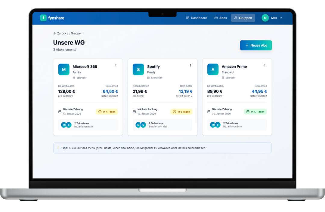Screenshot der fynshare App: Übersicht aller gemeinsamen Verträge mit Zahlern, Anteilen und anstehenden Fristen